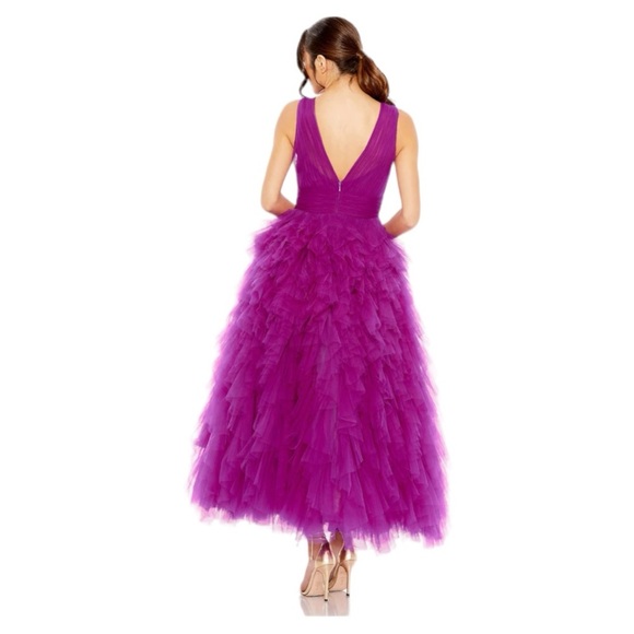COPY - NWT MAC DUGGAL RUFFLED CAP SLEEVE V-NECK A LINE TULLE DRESS Fuchsia - Picture 7 of 7